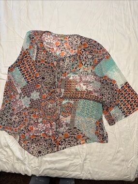 ONE WORLD Floral Patchwork Top in Orange & Teal Accents
